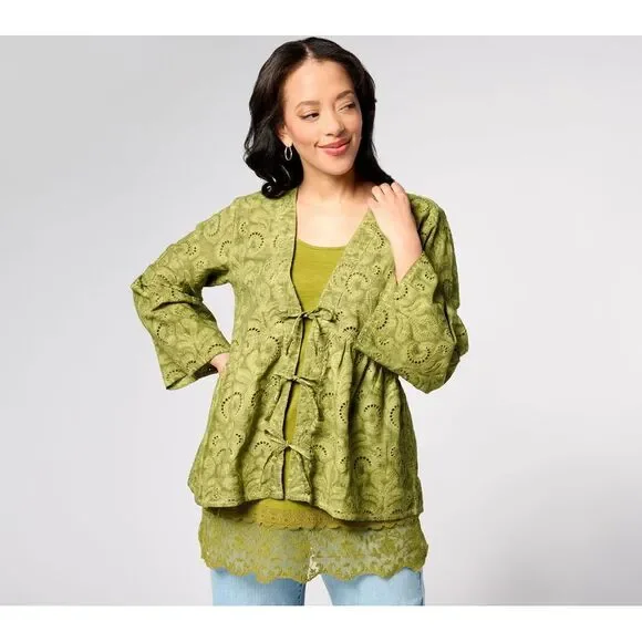 LOGO by Lori Goldstein Women's Top Plus Sz 2X Eyelet Lace Tie Green A640419 - Picture 1 of 7